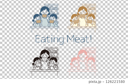 A family biting into a chunk of meat 126221580