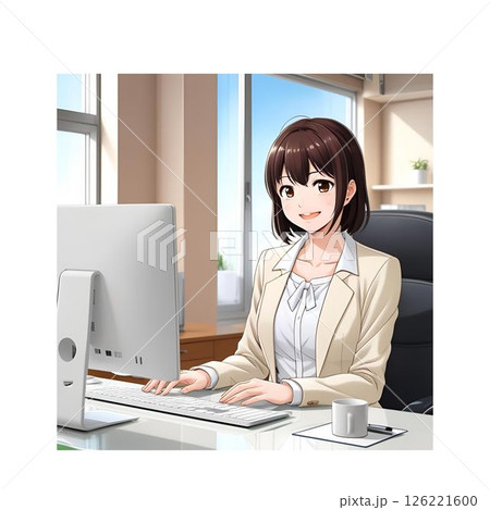 オフィスで働く女性　AIアニメ風　ビジネスシーンのイラスト 126221600