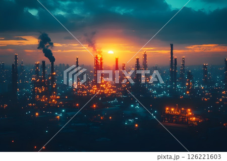 Industrial twilight cityscape with illuminated factories and moody skies Industrial twilight cityscape with illuminated factories and moody skies 126221603