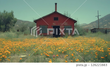 Forgotten homestead, blooming flowers embrace a rustic, tranquil scene Forgotten homestead, blooming flowers embrace a rustic, tranquil scene 126221663