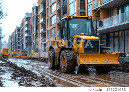 Heavy machinery working on a construction site near apartment buildings 126221688