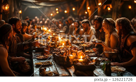 Grand feast illuminated by candlelight evokes a medieval gathering Grand feast illuminated by candlelight evokes a medieval gathering 126221726