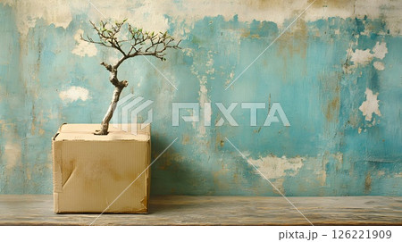Resilience, A solitary sapling breaks through against a textured backdrop 126221909
