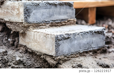 Close-up of concrete steps under construction with soil and damp mortar 126221917
