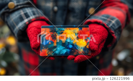 Winter warmth, vibrant art piece held in knitted gloved hands outdoors 126221996