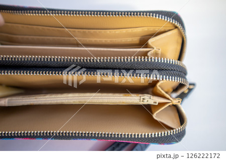 Fashionable outdoor women's empty wallet with gold zippers, top view, on white background 126222172