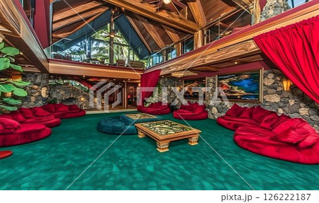 Luxurious Interior with Red Sofas, Stone Walls, and Wooden Beams Luxurious Interior with Red Sofas, Stone Walls, and Wooden Beams 126222187