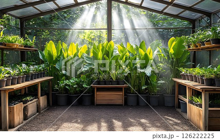 Sunlit Greenhouse Filled with Lush Tropical Plantsのイラスト素材 [126222225 ...
