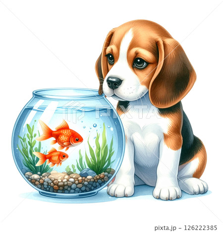 金魚鉢の隣に座るビーグルの子犬のイラスト4/チラシやポスター用素材 金魚鉢の隣に座るビーグルの子犬のイラスト4/チラシやポスター用素材 126222385