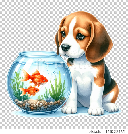 金魚鉢の隣に座るビーグルの子犬のイラスト4/チラシやポスター用素材 金魚鉢の隣に座るビーグルの子犬のイラスト4/チラシやポスター用素材 126222385