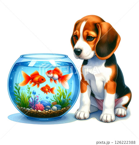 金魚鉢の隣に座るビーグルの子犬のイラスト7／チラシやポスター用素材 126222388