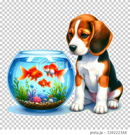 金魚鉢の隣に座るビーグルの子犬のイラスト7／チラシやポスター用素材 126222388