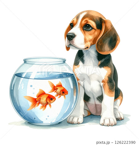 金魚鉢の隣に座るビーグルの子犬のイラスト2/チラシやポスター用素材 金魚鉢の隣に座るビーグルの子犬のイラスト2/チラシやポスター用素材 126222390