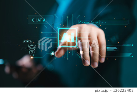 Humans are using technology, smart robot AI circuit boards, and entering a command prompt to generate something: futuristic technology. Business people working with artificial intelligence. 126222405