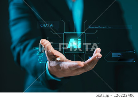 Humans are using technology, smart robot AI circuit boards, and entering a command prompt to generate something: futuristic technology. Business people working with artificial intelligence. Humans are using technology, smart robot AI circuit boards, and entering a command prompt to generate something: futuristic technology. Business people working with artificial intelligence. 126222406