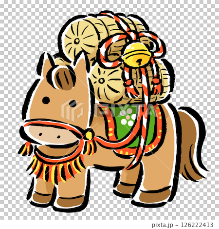 A decorated zodiac horse (horse) carrying a rice sack on its back 126222413