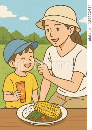 野外ランチ 日焼け止めを子供に塗るお母さんのイラスト Generative AI 野外ランチ 日焼け止めを子供に塗るお母さんのイラスト Generative AI 126222414
