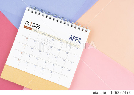 April 2026 month desk calendar on colorful background. April 2026 month desk calendar on colorful background. 126222458