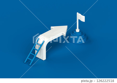 White arrow with ladder aiming at goal flag on podium, symbolizing business growth, success, achievement, and strategic planning in minimal blue background 126222518