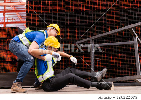 Accidents people at work in industrial plant operations. safety first aid emergency. 126222679