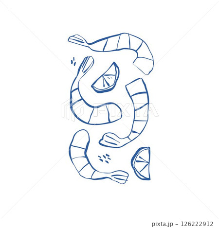 Seafood set with shrimps and lemon slices drawn by hand with varied line width no shadows and artistic loose sketch style 126222912