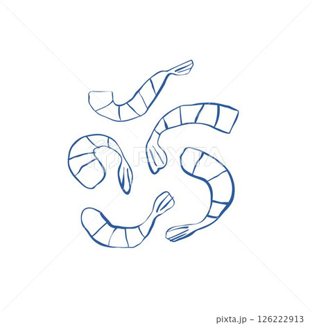 Set of five hand-drawn shrimps in blue made with a single uneven line without shadows for seafood and packaging design 126222913