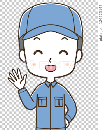 一位年輕男工人舉手打招呼的上半身插圖 一位年輕男工人舉手打招呼的上半身插圖 126223142