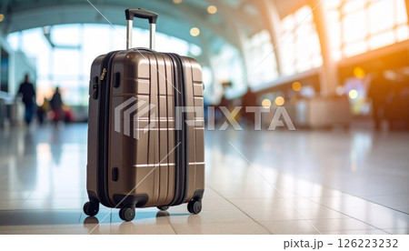 A traveler luggage in focus with the blurred background at an airport or a train terminal. 126223232