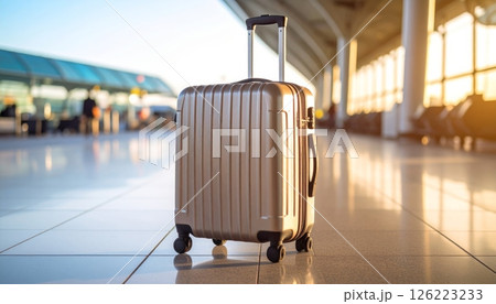 A traveler luggage in focus with the blurred background at an airport or a train terminal. 126223233