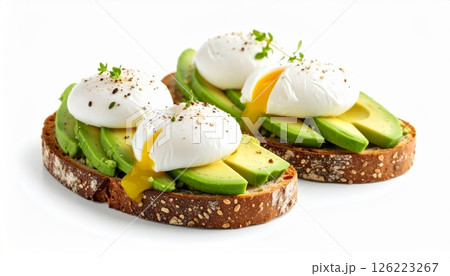 Healthy avocado toast with poached eggs, , isolated on white background Healthy avocado toast with poached eggs, , isolated on white background 126223267