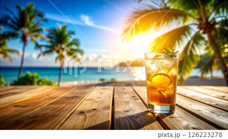 cold refreshing beverage resting on wooden table 126223278