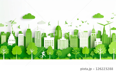 Green city view in paper cut style isolated on white background Green city view in paper cut style isolated on white background 126223288