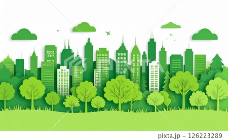 Green city view in paper cut style isolated on white background Green city view in paper cut style isolated on white background 126223289