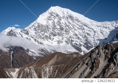 View of Mt.Langtang Lirung (7,234 m) seen from Tsergo Ri peak in Kyanjin Gompa village, Nepal. 126223611
