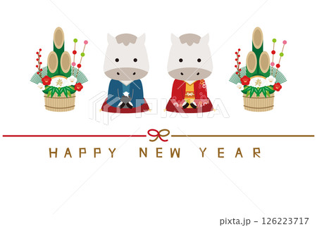 2026年賀状 Happy new year 水引き 横 着物ペア白馬 挨拶と門松 背景白 2026年賀状 Happy new year 水引き 横 着物ペア白馬 挨拶と門松 背景白 126223717