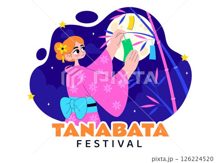 Tanabata Japan Festival Vector Illustration Featuring People Wearing Kimono and Peony Flowers in a National Holiday Flat Style Cartoon Background 126224520