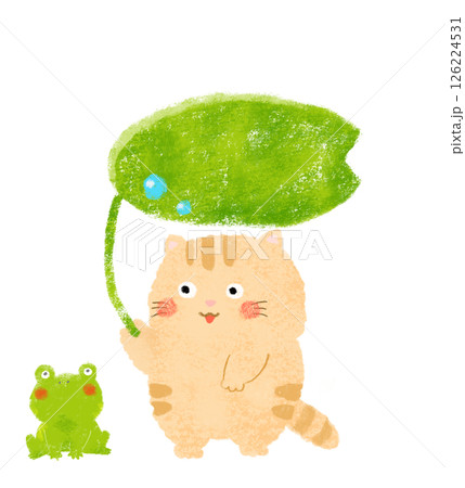葉っぱの傘をさすねことカエルのイラスト　クレヨンタッチ 126224531