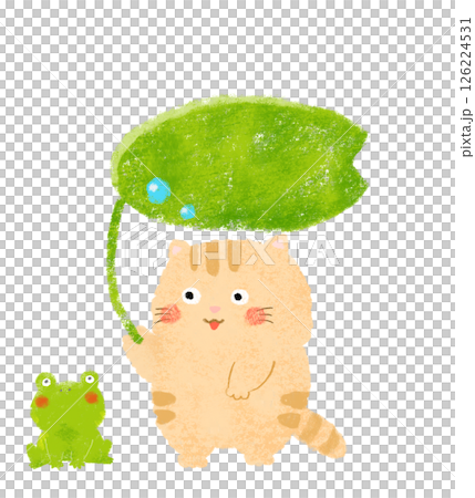 葉っぱの傘をさすねことカエルのイラスト　クレヨンタッチ 126224531