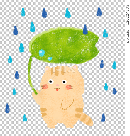 用蠟筆畫的一隻貓在雨中撐著一把樹葉傘的插圖 用蠟筆畫的一隻貓在雨中撐著一把樹葉傘的插圖 126224535
