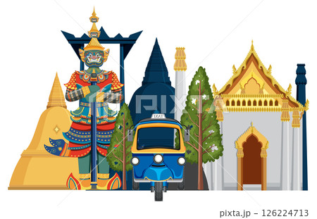 Colorful Thai Cultural Landmarks and Tuk-Tuk Illustration Colorful Thai Cultural Landmarks and Tuk-Tuk Illustration 126224713