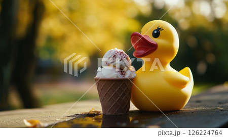 公園でアイスクリームを食べる黄色いおもちゃのラバーダックを描いたAI生成画像 126224764