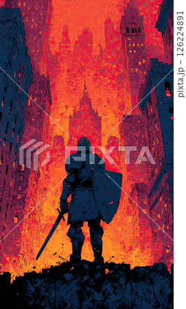Paladin with sword and shield stands in ruined city, fiery sky, dramatic, stylized watercolor Paladin with sword and shield stands in ruined city, fiery sky, dramatic, stylized watercolor 126224891