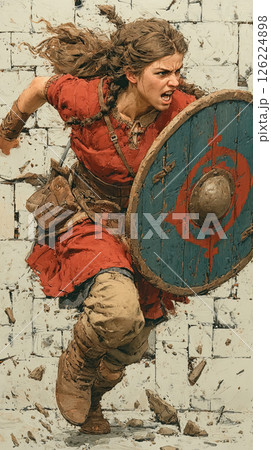 Fierce shieldmaiden charging with shield, red tunic, action, determination, medieval wall 126224898