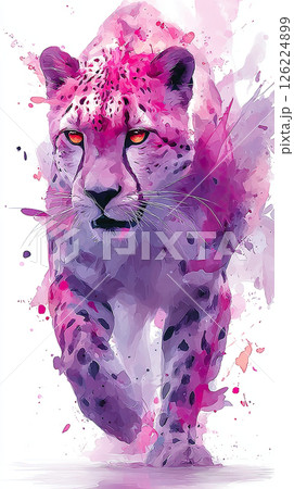 Expressive watercolor cheetah sprinting with vibrant pink and purple splashes, dynamic energy 126224899