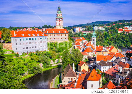 Cesky Krumlov, Bohemia. A picturesque Czech town with stunning medieval streets, aerial view of above Vltava River. Cesky Krumlov, Bohemia. A picturesque Czech town with stunning medieval streets, aerial view of above Vltava River. 126224945