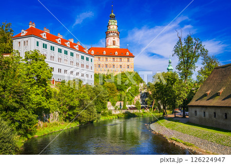 Cesky Krumlov, Bohemia. A picturesque Czech town with stunning medieval streets, aerial view of above Vltava River. 126224947