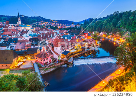 Cesky Krumlov, Bohemia. Picturesque Czech town, night scenic view over Vltava River. 126224950