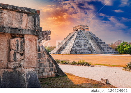 Chichen Itza pyramid, El Castillo, Maya temple with astronomical and cultural significance in Yucatan, Mexico. Chichen Itza pyramid, El Castillo, Maya temple with astronomical and cultural significance in Yucatan, Mexico. 126224961