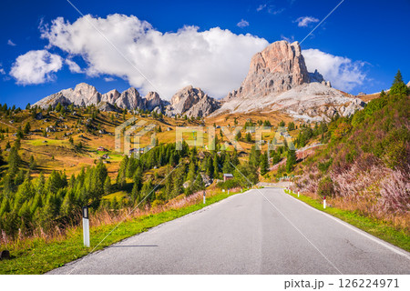 South Tyrol, Italy. Passo Giau and Ra Gusela, one of the photogenic mountain passes of the Dolomites. 126224971