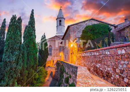 Pienza, Italy. Beautiful cathedral and Via del Casello, charming small town in Tuscany. Pienza, Italy. Beautiful cathedral and Via del Casello, charming small town in Tuscany. 126225051